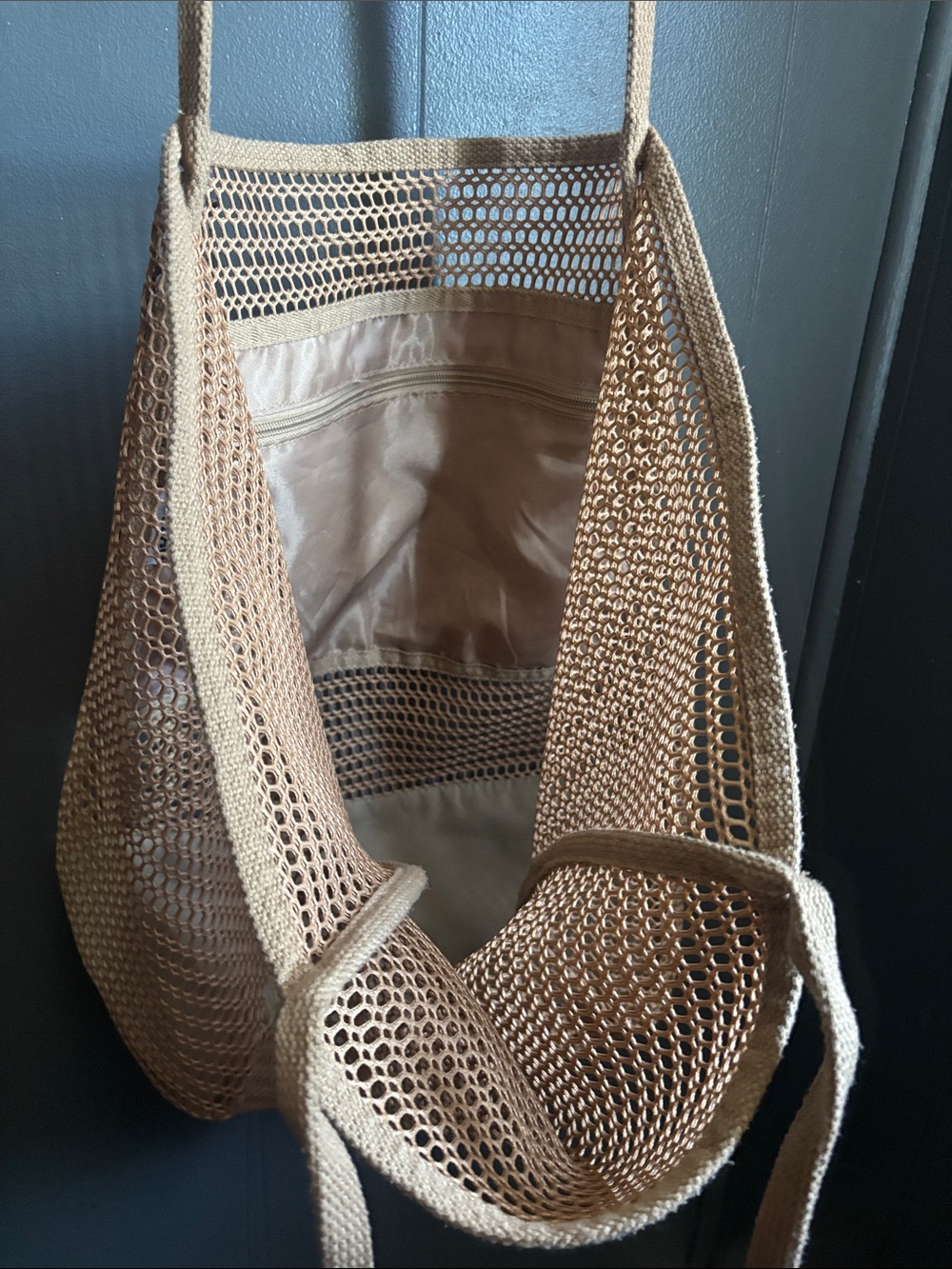 Mesh Beach Summer Tote Bag in Tan - Lightweight Everyday Carry - Picture 3 of 6